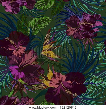 amazing vector tropical flowers patten. seamless design with gorgeus botanical elements, hibiscus, palm, bird of paradise. Vector editable file