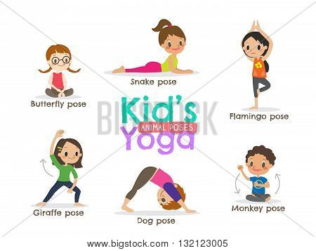 yoga kids exercise poses vector cartoon illustration