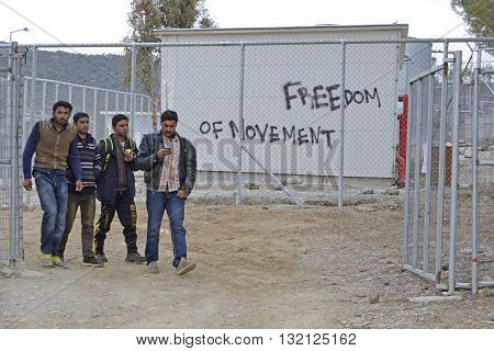 LESVOS GREECE February 24 2016: Words written by refugees and volunteers on walls at the Greek island Lesvos. Hotspot Moria deportation center refugees.