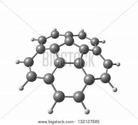 Corannulene is a polycyclic aromatic hydrocarbon with chemical formula C20H10. The molecule consists of a cyclopentane ring fused with 5 benzene rings so another name for it is 5-circulene. 3d illustration