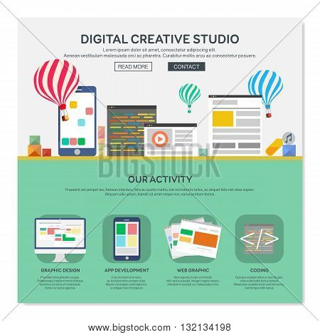 One page web design template with digital creative studio services like web coding for responsive design and app development. Flat design graphic website elements layout. Vector illustration.