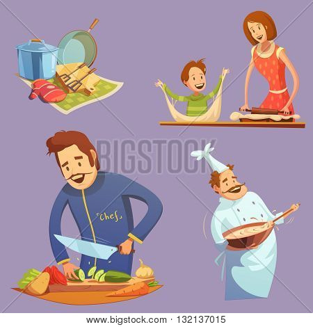 Cooking retro cartoon icon set utensil mother and son cutting chef vector illustration
