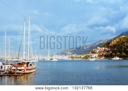 Yachts and boats in the harbor Fethie Turkey