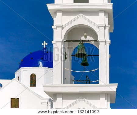 Imerovigli Anastasi Church of the Greek Aegean island, Santorini, in the sunny day, Greece