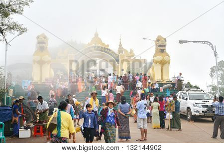 Kyaiktiyo, Mon state, Myanmar- April 24 2016: Gate to Kyaiktiyo Pagoda (Golden Rock) in mist