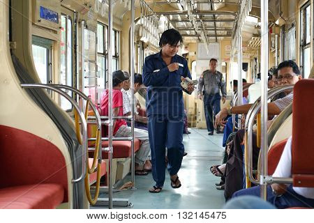 Yangon Myanmar - April 25 2016 : inside Yangon Tram. begun service on 11 January 2016 using a single 50-year old tram from Hiroshima Japan