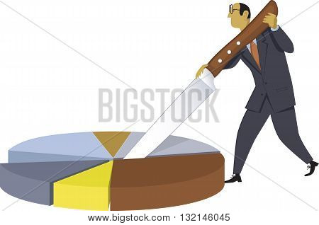 Resources allocation. Businessman cutting a pie chart with a giant knife, vector illustration, no transparencies