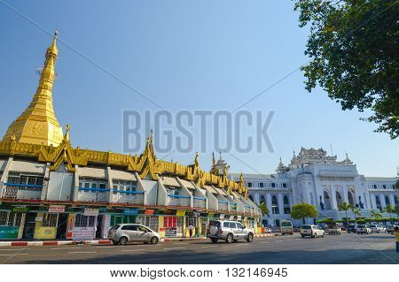 Yangon Myanmar - April 26 2016 : The Sule Pagoda in Yangon is centrally located in Yangon as a religious and historic site.