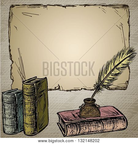 Goose feather elegant old-fashioned decorative inkpot old paper for inscription.Old book. Vintage background. Hand drawn vector