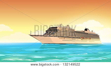 Cruise ship in the sea at sunset.