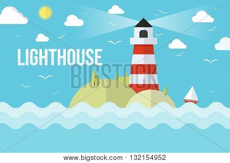 The lighthouse on island with trees and clouds. Flat design style vector illustration.