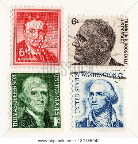 USA - CIRCA 1950: A stamps printed in the USA shows image portrait Washington Jefferson Roosevelt