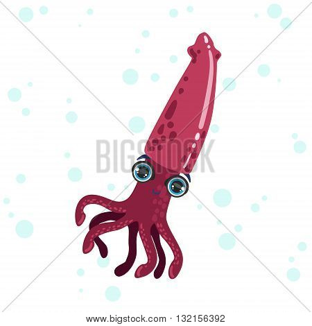 Pink Squid Bright Color Cartoon Style Vector Illustration Isolated On White Background