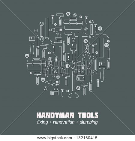 Handyman Tool banner, icon set, web site elements. Amenities repair house hold equipment fixing symbols. Vector graphics for working tools, plumbing, renovation concept. Sample text. Editable