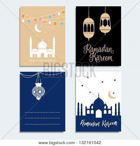 Set of Ramadan cards. Arabic lanterns. Mosque silhouette. Invitations for holy muslim month Ramadan Kareem. Stock vector backgrounds. Flat design.