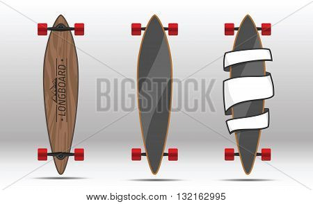 illustration of longboards. Illustration of flat longboards isolated on white background. Flat colorful longboards.