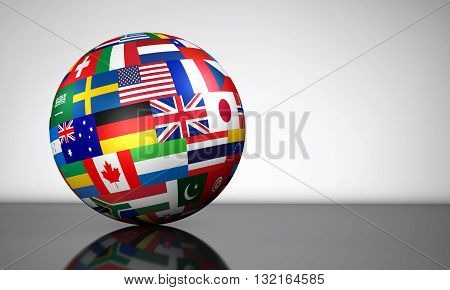 Flags of the world on a globe for international business school travel services and global management concept 3d illustration.