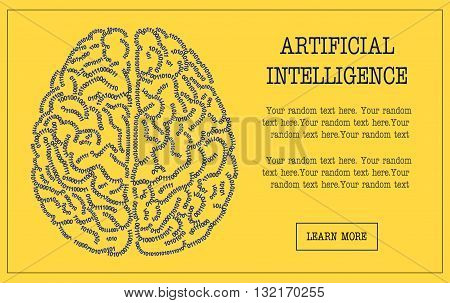 Concept banner illustration of a human brain formed out of binary code digits. Artificial intelligence hi-tech and IT themed customizable template, replace text to personalize.