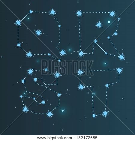 Vector illustration of the alphabet QRST . Set of letters . Font of the constellations . Abstract background. The night sky.