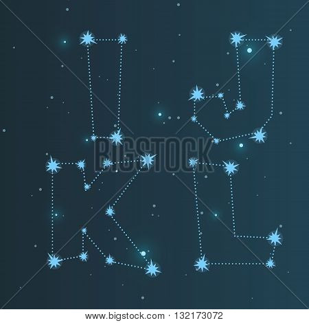 Vector illustration of the alphabet IJKL. Set of letters . Font of the constellations . Abstract background. The night sky.