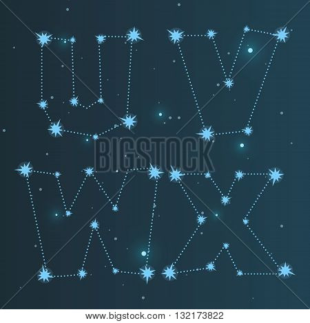 Vector illustration of the alphabet UVWX . Set of letters . Font of the constellations . Abstract background. The night sky.