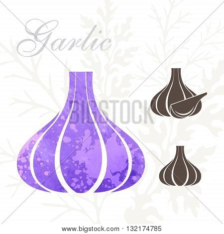 Garlic icons set. Vegetables icon with watercolor texture