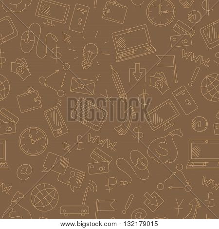 Seamless background on the topic of information technology and earn money online simple hand-drawn contour icons light outline on a brown background