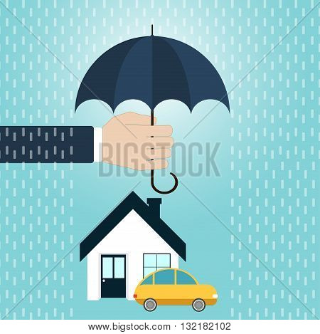 Security of property concept. Agent holding umbrella over house car. Vector illustration flat design