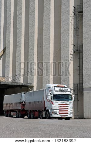 SALO, FINLAND - MAY 27, 2016: Scania R560 truck for grain transport outside of granary in South of Finland.