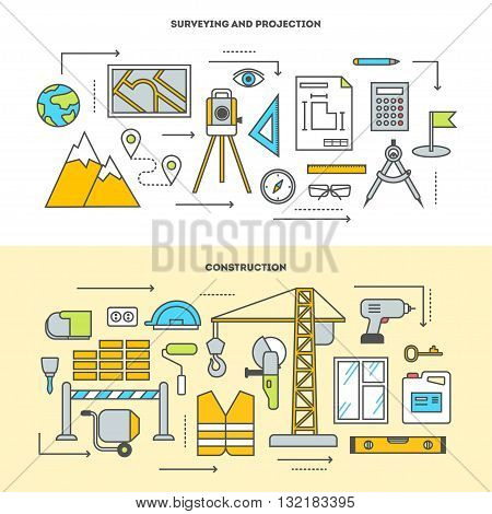 Pre-construction survey, building design and construction. Building stages. Vector icon