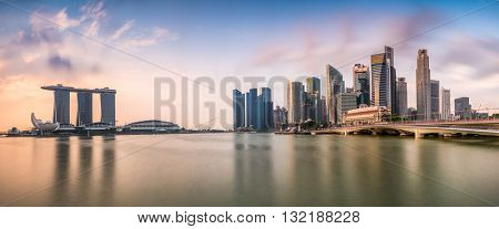 Singapore skyline at the Marina during twilight.