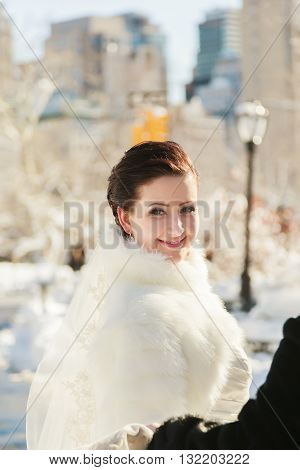Bride In The Winter Against The Backdrop Of New York