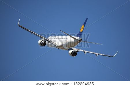Chisinau Moldova 19 August 2014::airplane of LUFTHANSA above the Chisinau airport .Lufthansa is a German airline and also the largest airline in Europe.