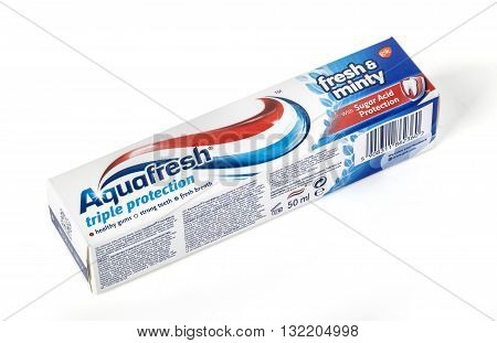 CHISINAU MOLDOVA - March 23 2016. Aquafresh Toothpaste with Sugar Acid Protection.Aquafresh is a brand of oral healthcare products founded in 1973 and manufactured by GlaxoSmithKline
