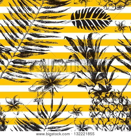 Hand drawn Seamless pattern with Tropical Palm Leaves, Flowers and Pineapples