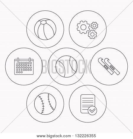 Swimming ball, tennis and baseball icons. Skis linear sign. Check file, calendar and cogwheel icons. Vector