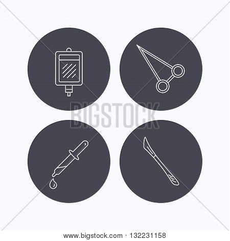Pipette, blood donation and scalpel icons. Peans forceps linear sign. Flat icons in circle buttons on white background. Vector