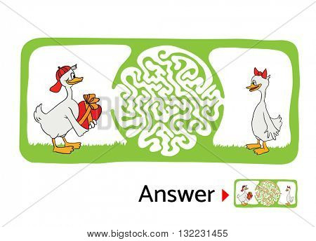 Maze puzzle for kids, labyrinth illustration with solution.