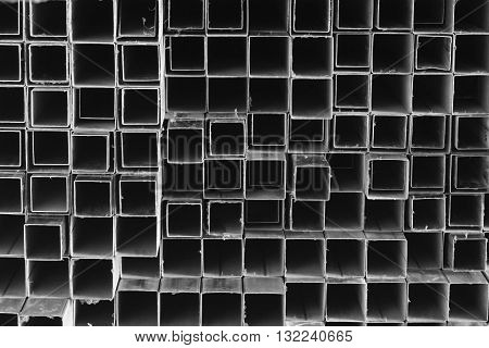 grop of metal stock with different size in warehouse
