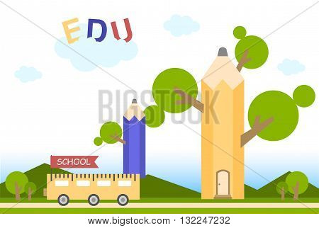 education flat background with tree pencil and school bus