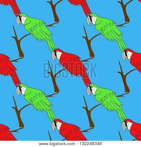 Big Red and Green Parrot Isolated on Blue Background. Bird Pattern
