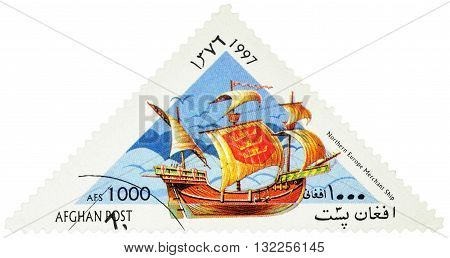 MOSCOW RUSSIA - MAY 17 2016: A stamp printed in Afghanistan shows image of ancient Northern merchant ship series "Sailing Ships" circa 1997