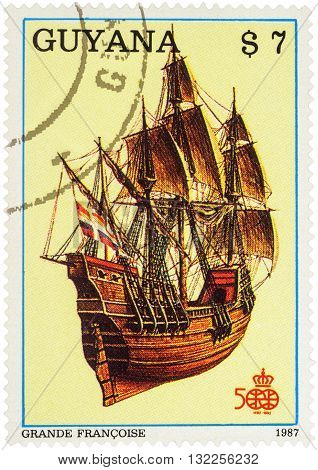 MOSCOW RUSSIA - APRIL 29 2016: A stamp printed in Guyana shows French four-masted sailing ship 