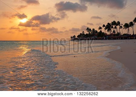 Beautiful sunset at Manchebo beach on Aruba island