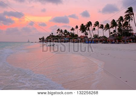 Beautiful sunset at Manchebo beach on Aruba island