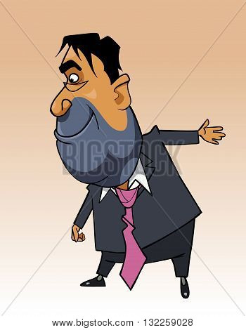 cartoon man in a suit shows a hand toward