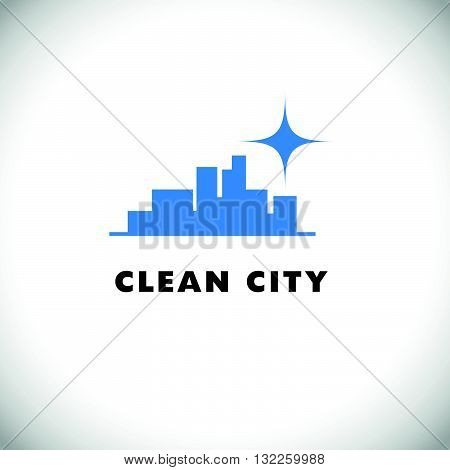 Vector logo for cleaning company. Flat cleaning service insignia. Simple cleaning logo icon isolated on white background. City silhouette icon.