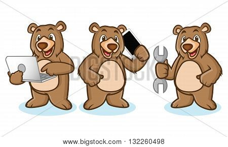 Grizzly Bear Mascot with laptop phone and toools