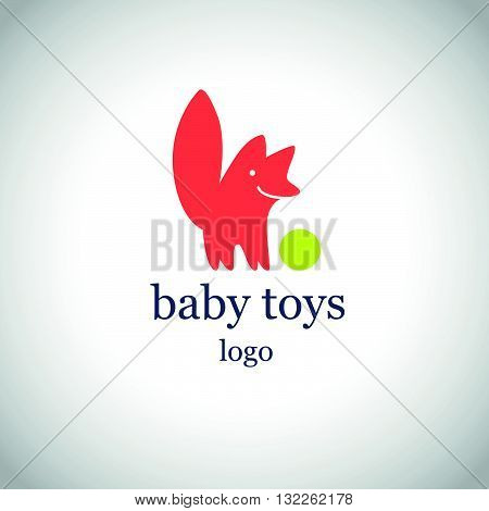 Vector simple flat kid logo. Baby, child company goods, toys shop, store. Red fox, dog smiling with green ball icon isolated on white background. Funny cute animal character with big tail.