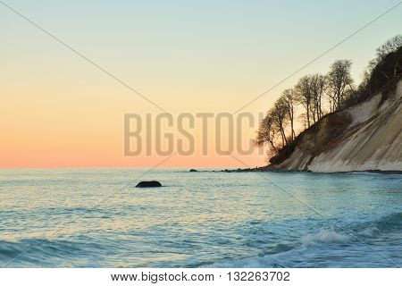 Romantic Morning. Bended Tree Above Sea Level,  Boulders Sticking Out From Smooth Waves. Pink Horizo